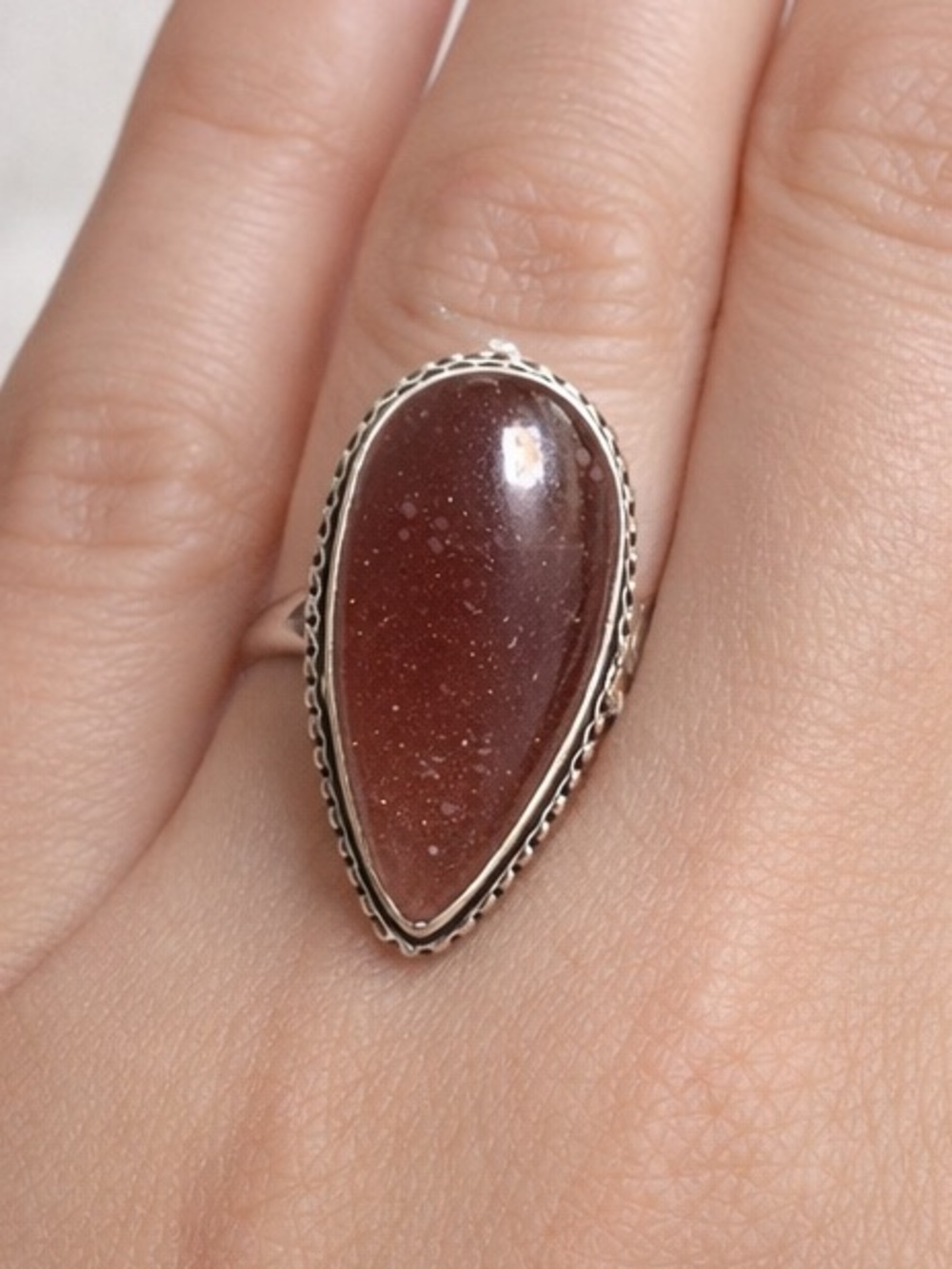 Statement Ring Teardrop Sparkling Red Glass Cabochon Sterling Silver Overlay